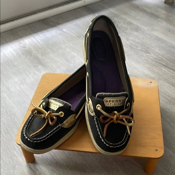 Sperry Black and Gold Flats with Nautical Elegance - Picture 1 of 8